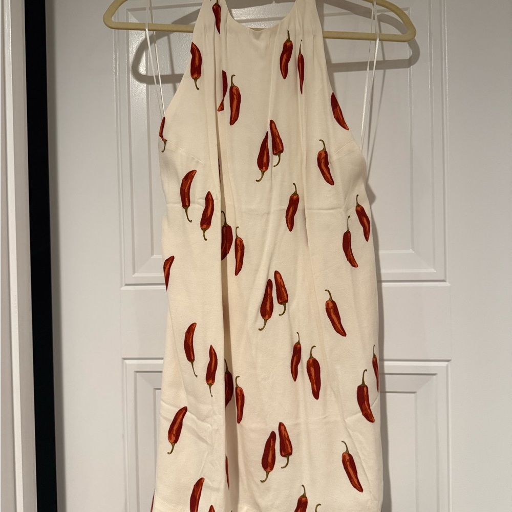 Reformation Cream Halter Mini Dress with Red Chili Print